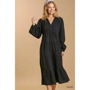 UMGEE Women Dress New Gauze Tiered Long Sleeve Mid Dress in Black size Small